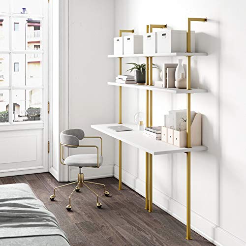 White/Gold Brass 2-Shelf Wall Mount Desk N544883