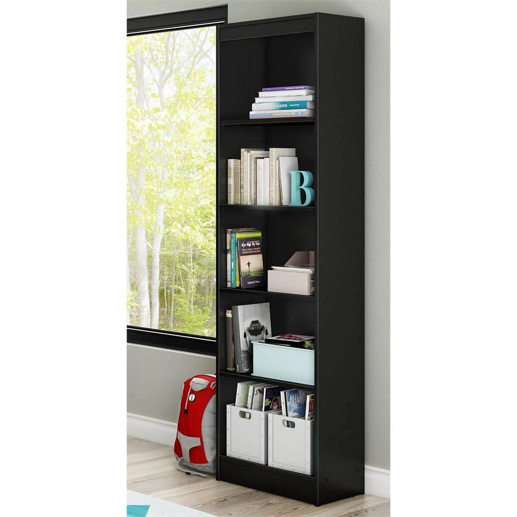 Black Desk with Keyboard Tray and 5-Shelf Narrow Bookcase Set G183068