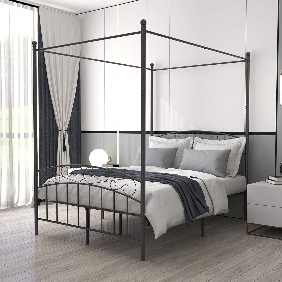 Queen Size Black Metal Canopy Bed Frame with Headboard and Footboard E752440
