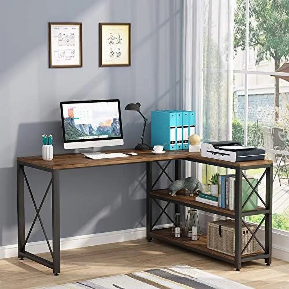 Brown 59" L-Shaped Corner Desk with Shelves O73153