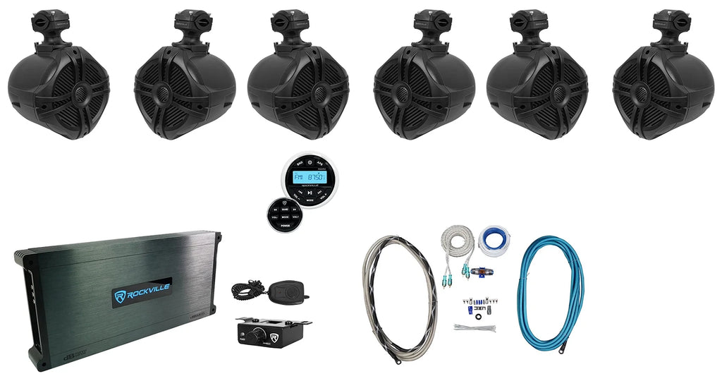 Black 6.5" Marine Wakeboard Swivel Speakers with Amp and Receiver V5098