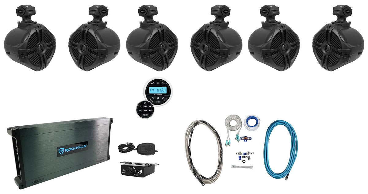 Black 6.5" Marine Wakeboard Swivel Speakers with Amp and Receiver V5098