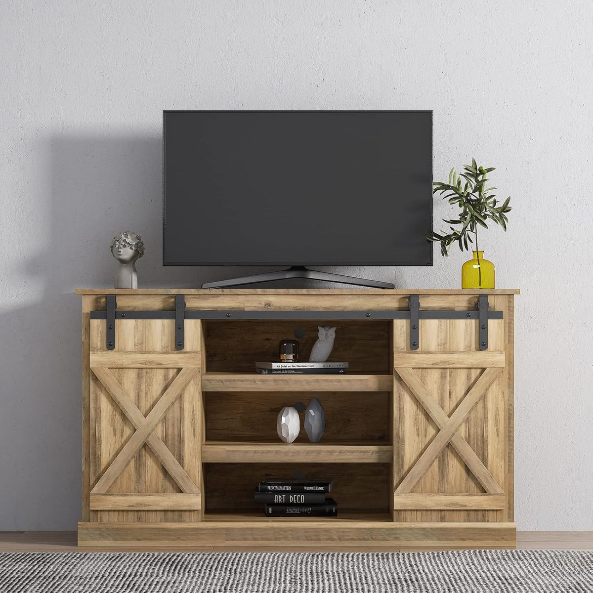White Sliding Barn Door Wood TV Stand K192098