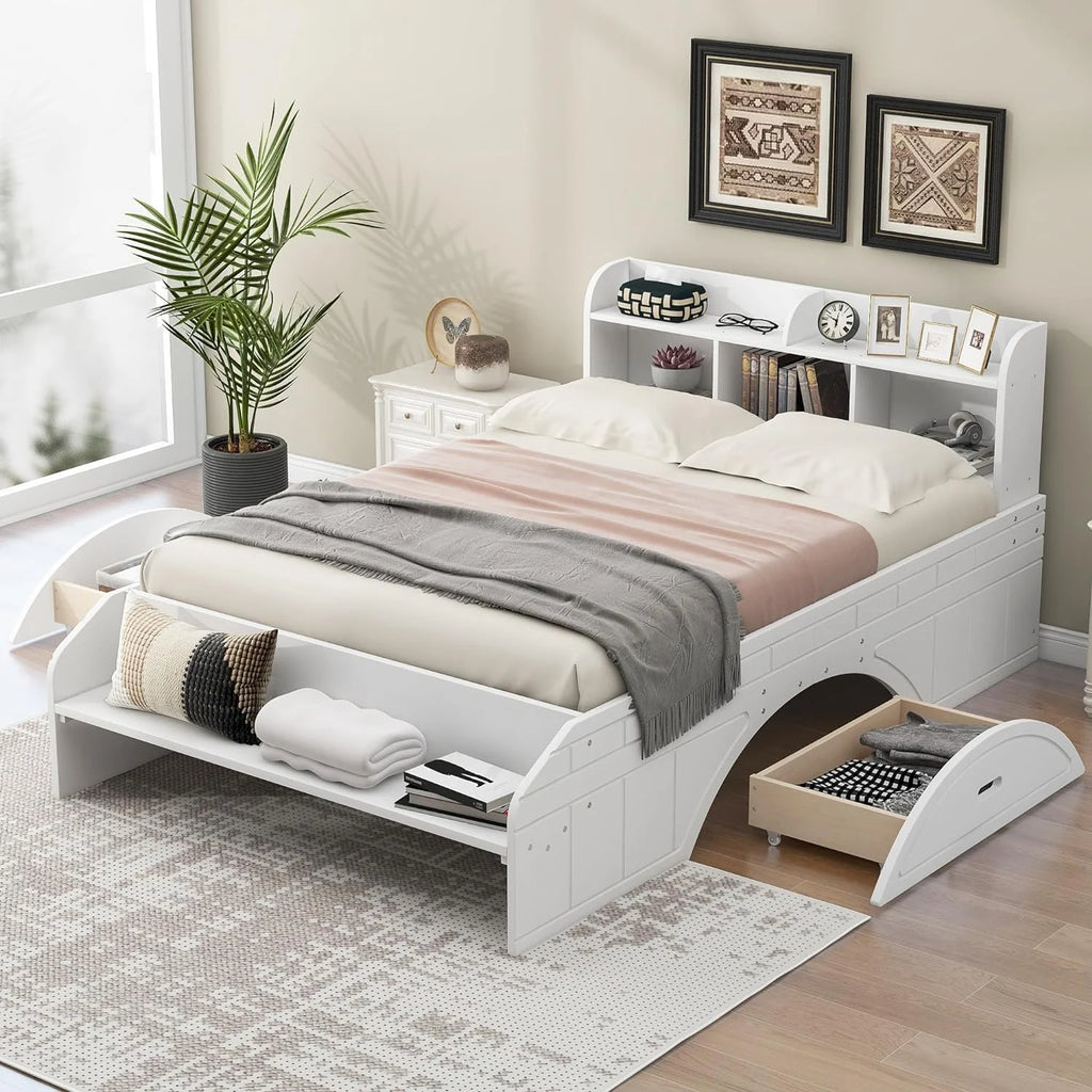 White Wood Full Size Platform Bed with Bookcase Headboard and 2 Drawers E41361