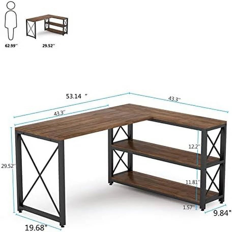 Brown 59" L-Shaped Corner Desk with Shelves O73153