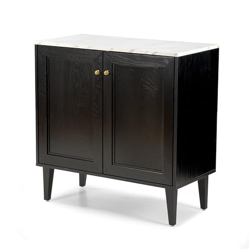Black Storage Cabinet with Faux Marble Top and Adjustable Shelves T134910
