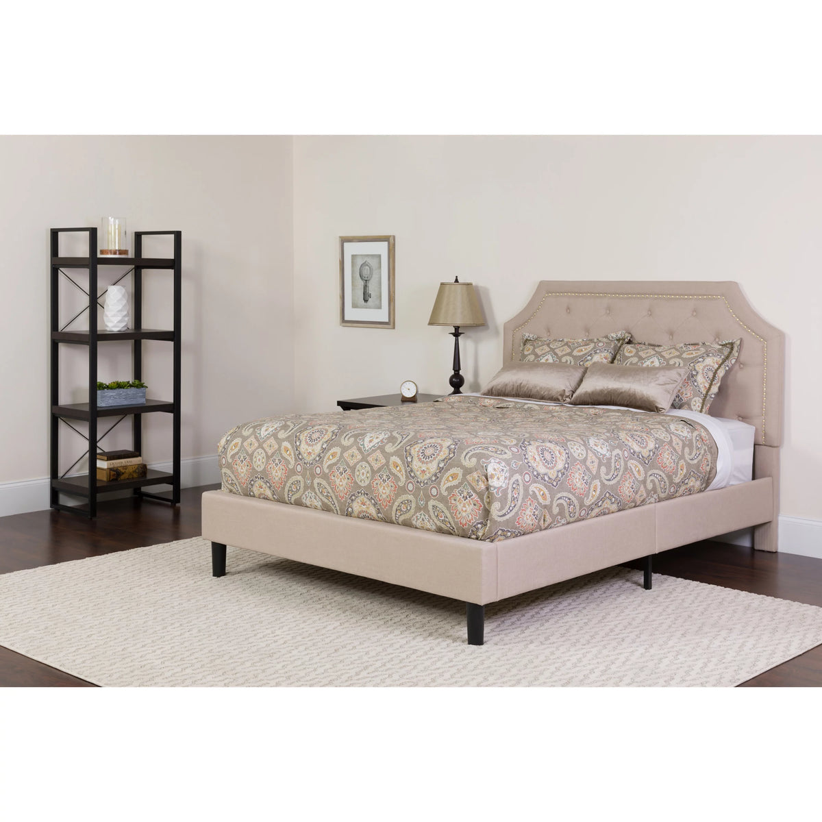 King Size Beige Fabric Upholstered Platform Bed with Memory Foam Mattress B93480