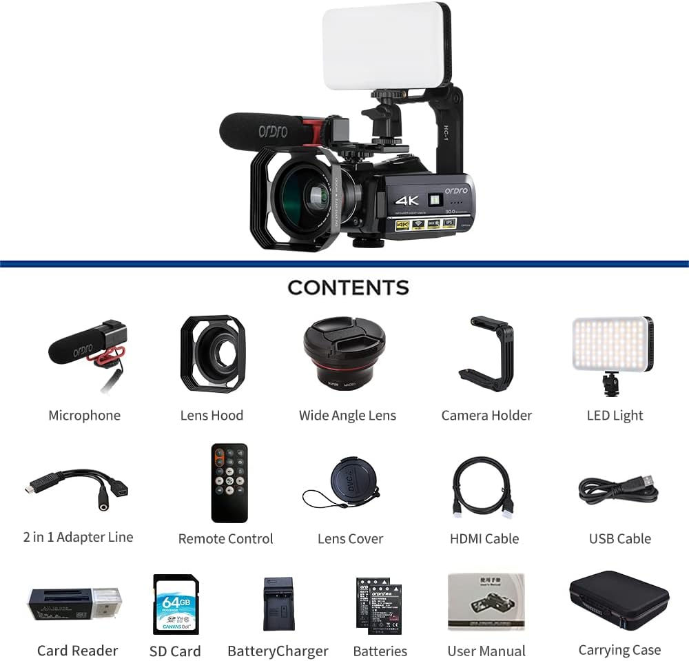 4K Camcorder with Directional Microphone and 64GB SD Card E922