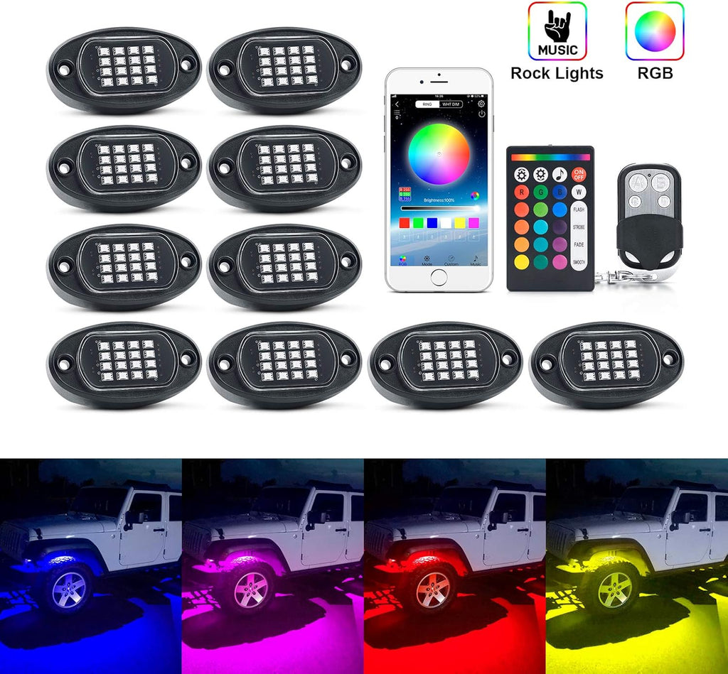 RGB LED Rock Lights with Remote Control, Music Sync Waterproof Underglow Lighting Kit P850