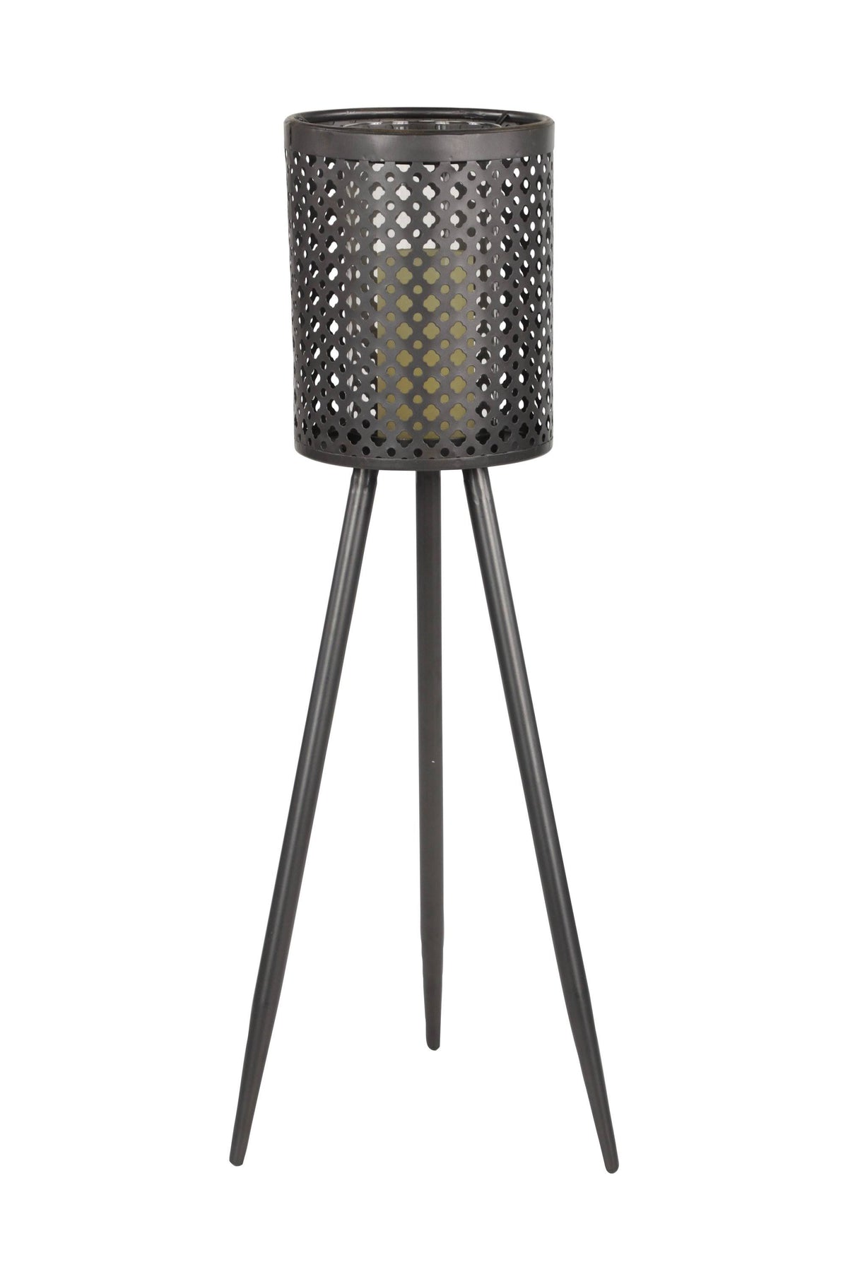 Large Round Pierced Black Metal Lantern Candle Holder with Tripod Base W372725