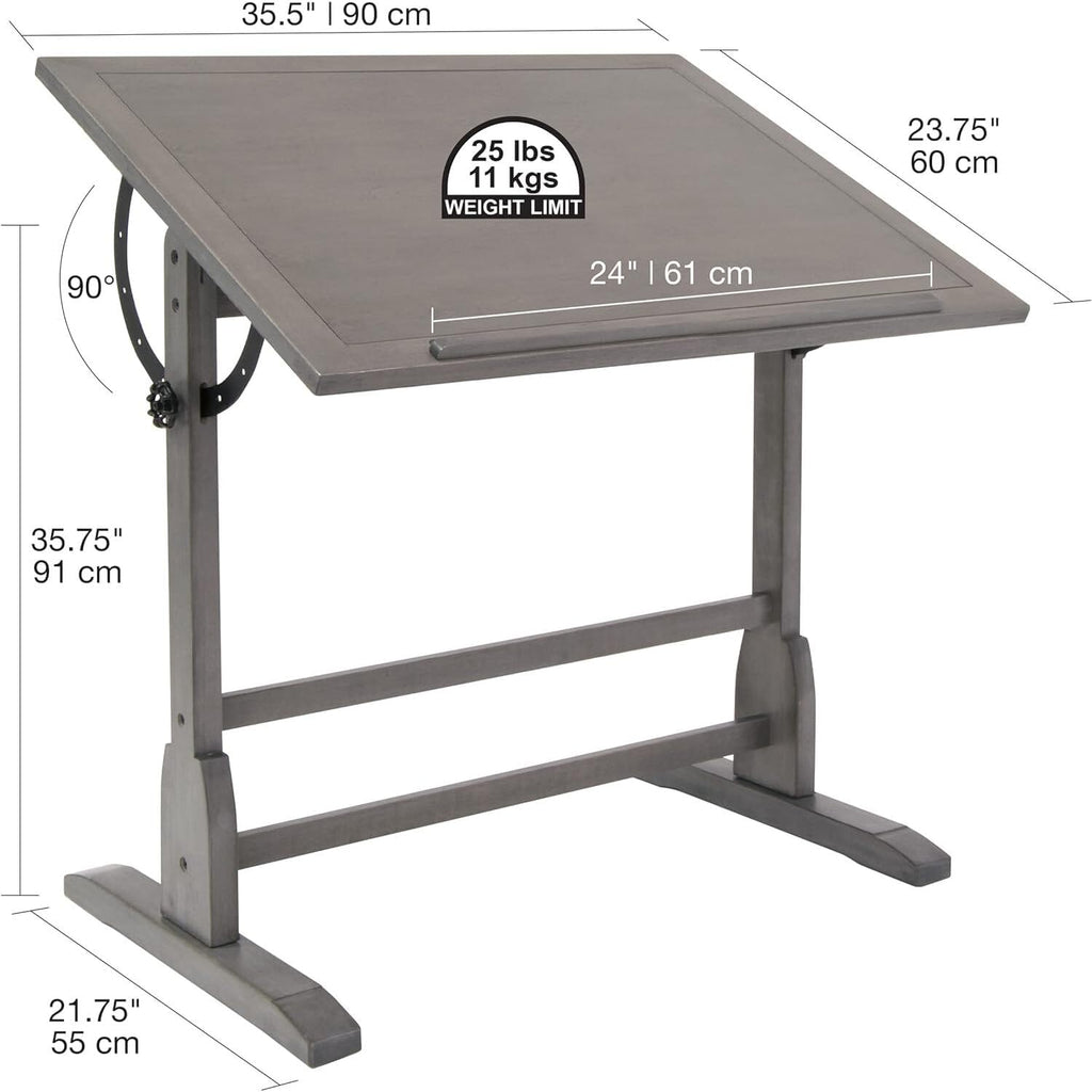 Vintage Drawing Drafting Table with Pencil Ledge - 36" W x 24" D - Slate Gray - Adjustable Tilting Top Q800251
