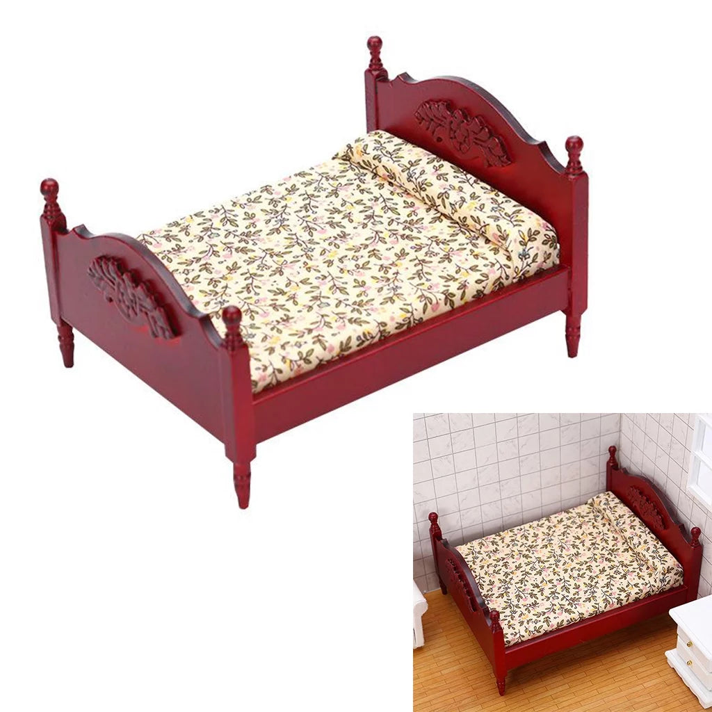 Miniature Birch Wood Double Bed 1:12 Scale Doll House Furniture T80698