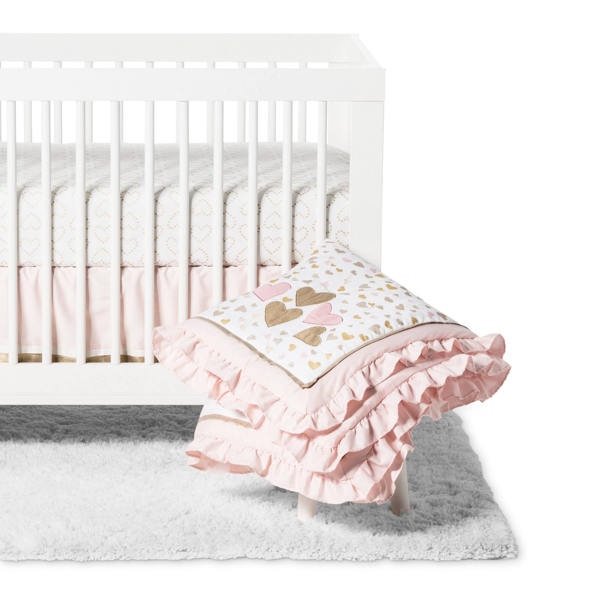 4 Piece Crib Bedding Set in Pink and White Z552