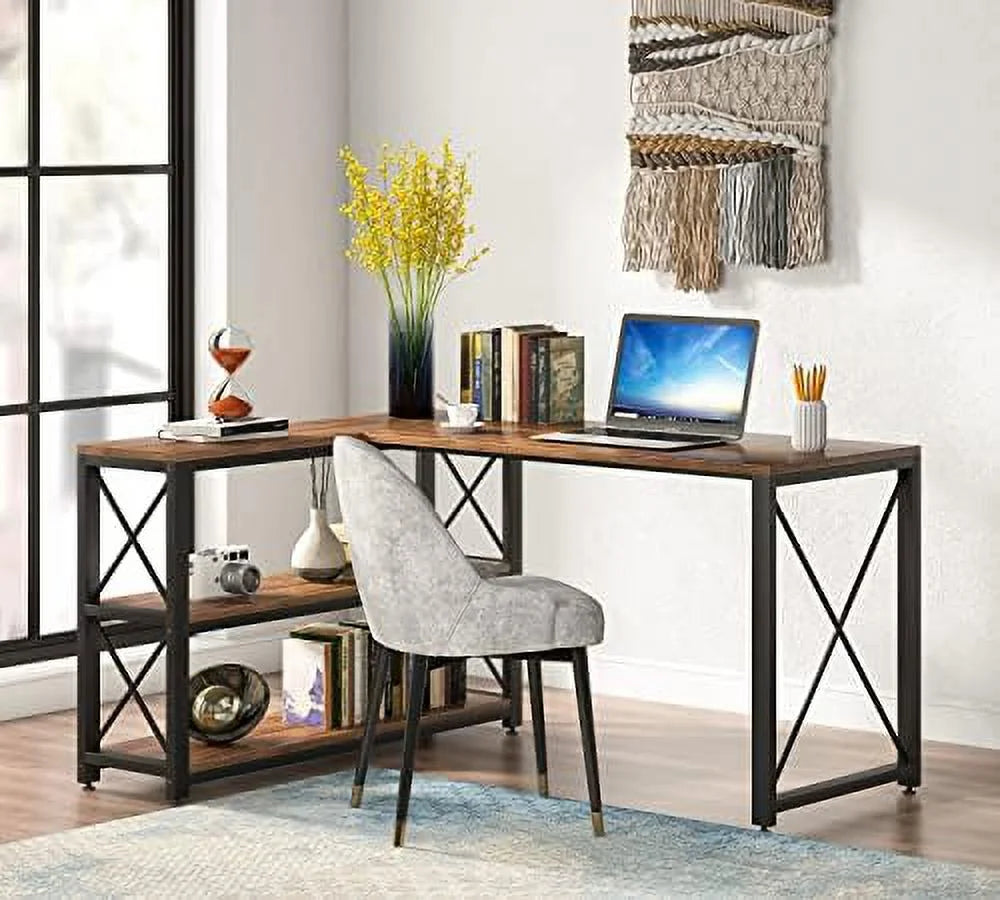 Brown 59" L-Shaped Corner Desk with Shelves O73153