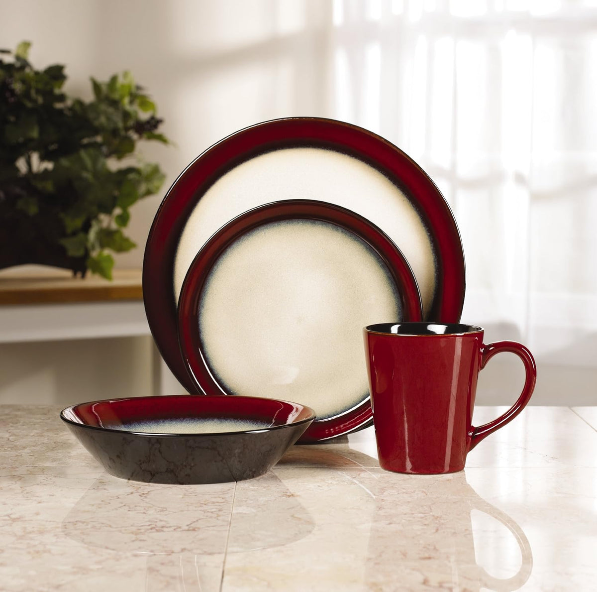 Red 16-Piece Stoneware Dinnerware Set F988775