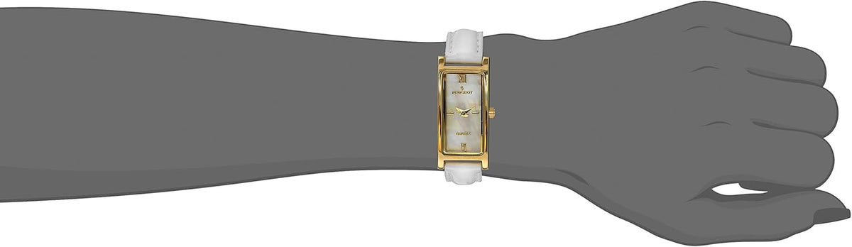 14K Gold Plated White Mother of Pearl Roman Numeral White Leather Thin Strap Dress Watch C6352