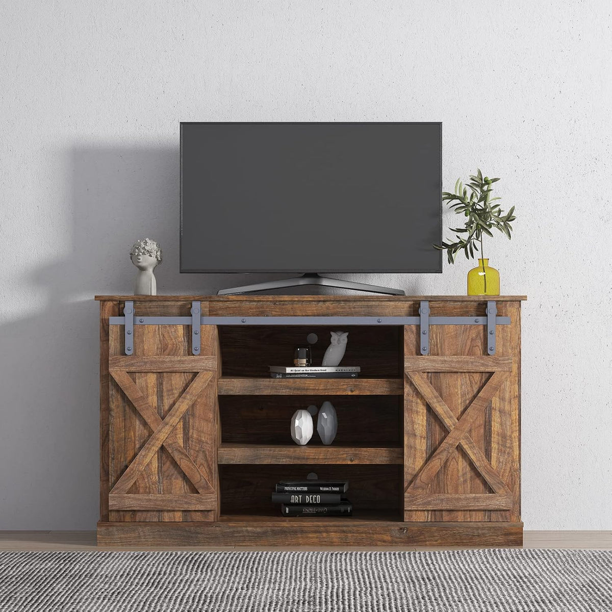 White Sliding Barn Door Wood TV Stand K192098