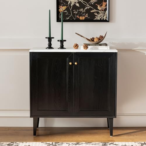 Black Storage Cabinet with Faux Marble Top and Adjustable Shelves T134910