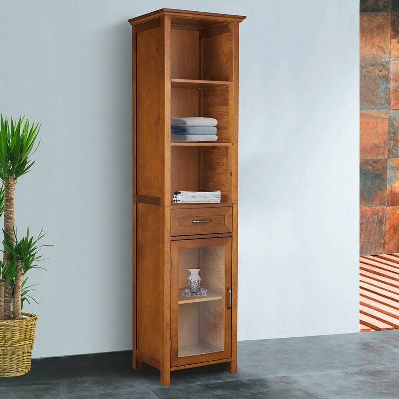 Oak-Finish Linen Tower Storage Cabinet Q1163