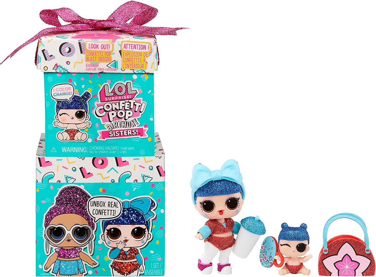 LOL Surprise! Confetti Pop Birthday Sisters doll with Lil Sister, 10 surprises, accessories, limited edition doll, present box packaging J869612