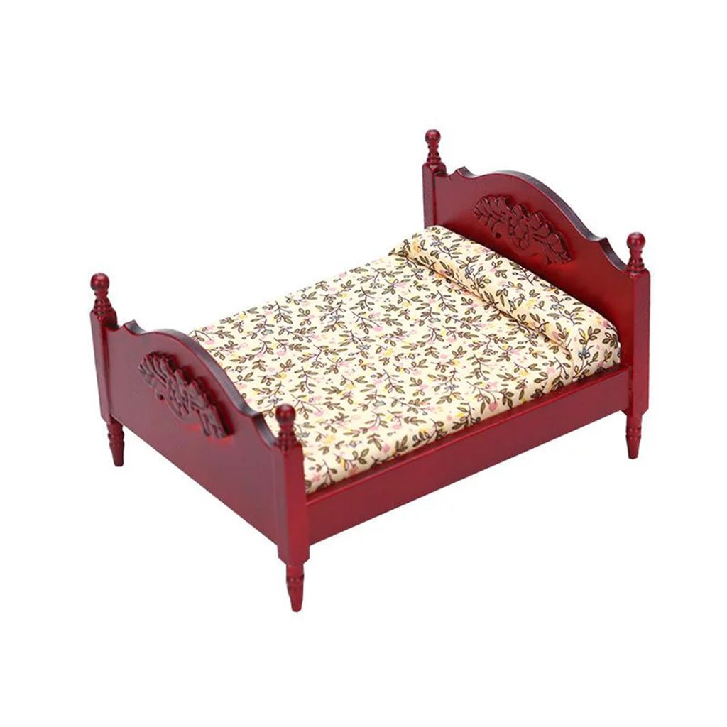 Miniature Birch Wood Double Bed 1:12 Scale Doll House Furniture T80698