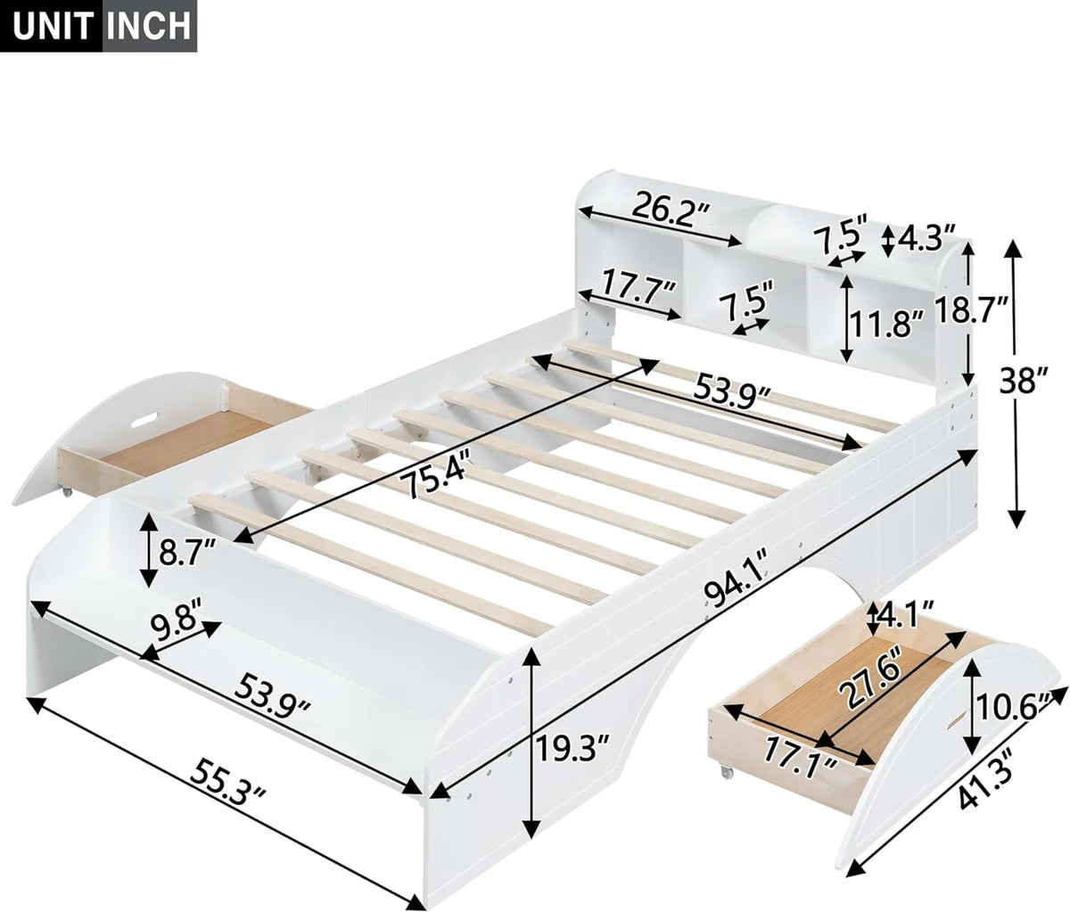 White Wood Full Size Platform Bed with Bookcase Headboard and 2 Drawers E41361