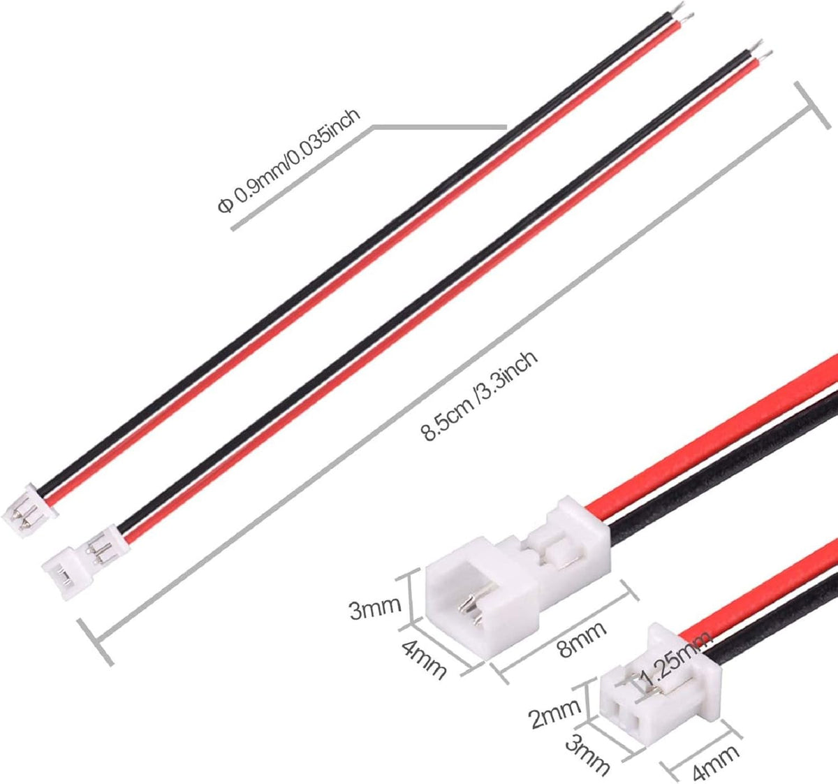 30 Pairs JST 1.25mm 2 Pin Micro Male Female Connector Plug with Red Black Wire Cable 80mm Z45757