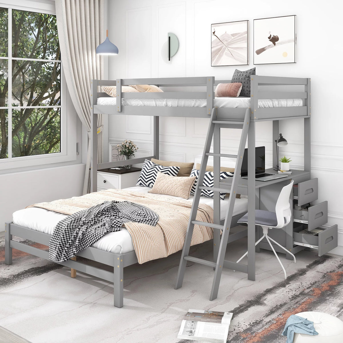 Twin over Full Bunk Bed with Desk and Drawers Q483