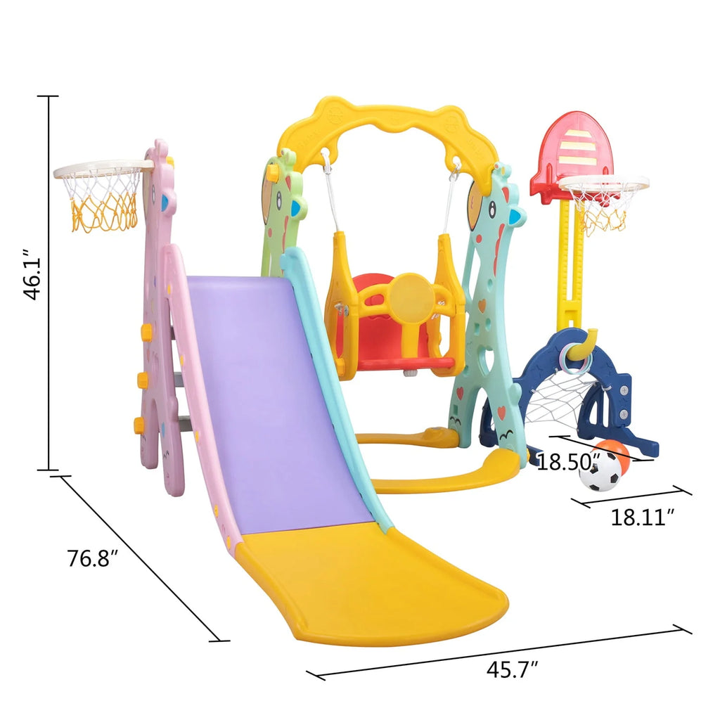 5 in 1 Kids Slide and Swing Set with 2 Basketball Hoops J499792